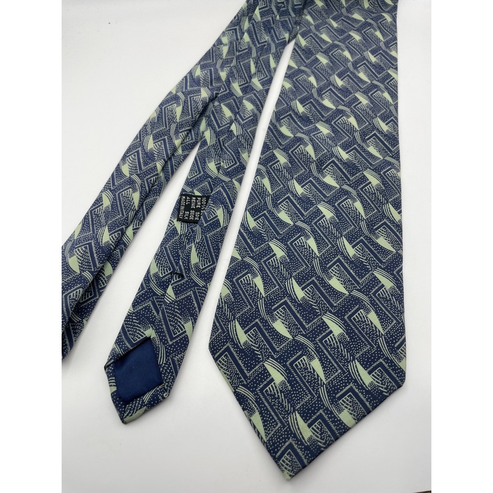 Fendi Roma Mens Silk Tie Navy Blue Green Geometric Abstract Made in Italy